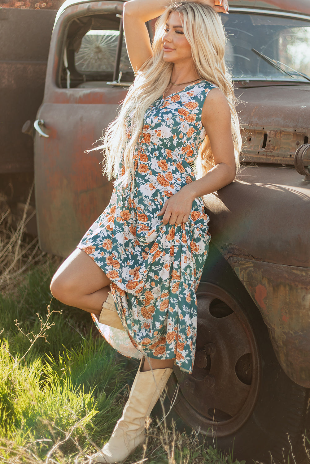 Green Floral Print Trimmed V Neck Tie Waist Sleeveless Long Dress