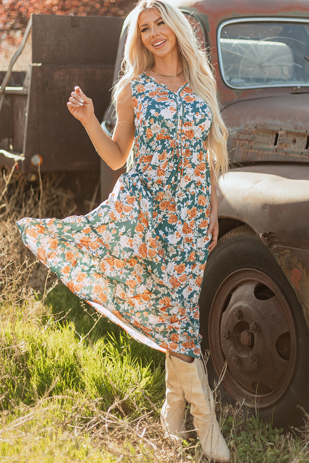 Green Floral Print Trimmed V Neck Tie Waist Sleeveless Long Dress