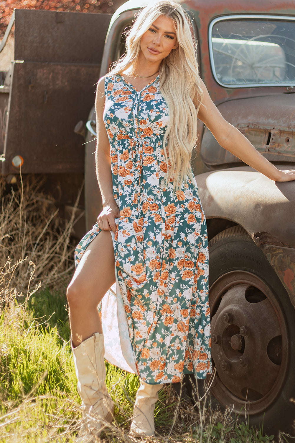 Green Floral Print Trimmed V Neck Tie Waist Sleeveless Long Dress