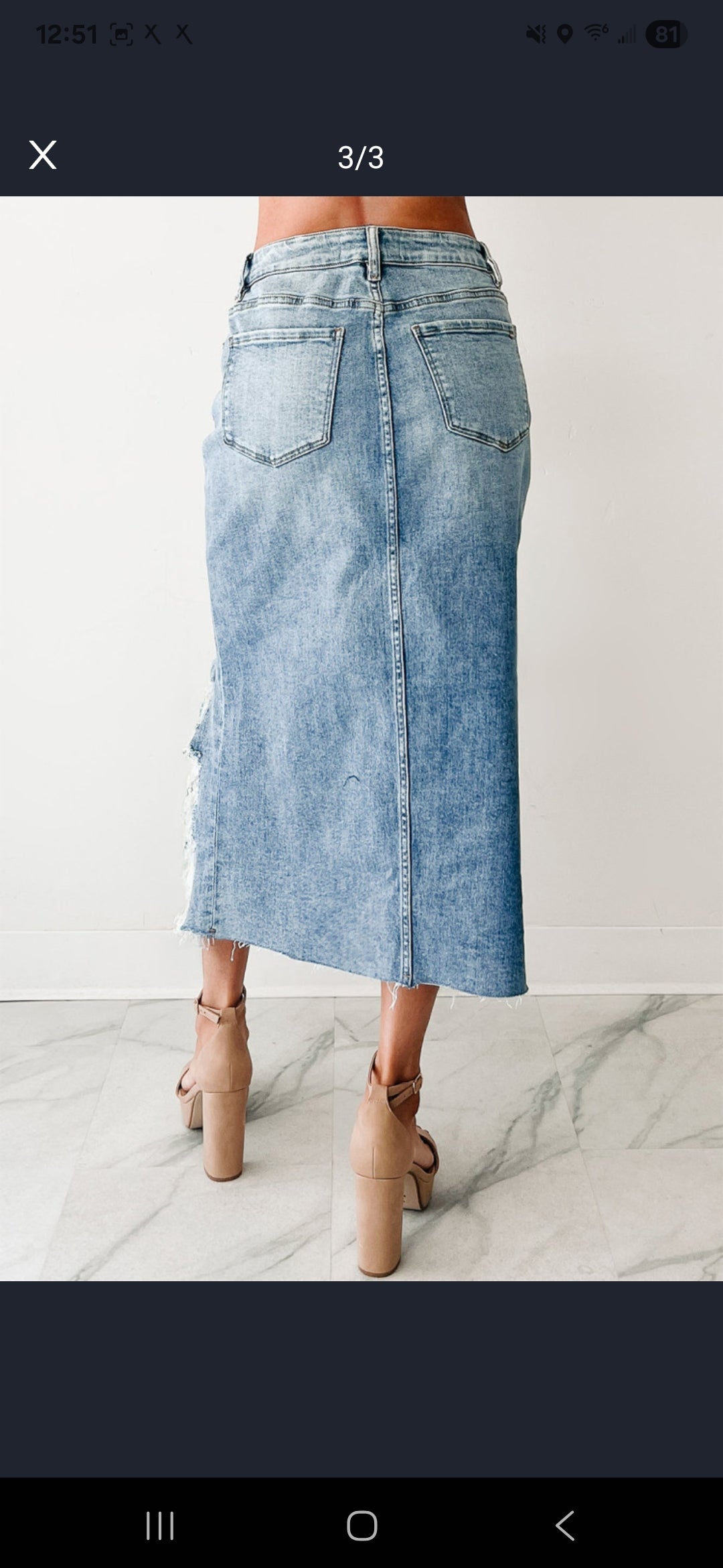 Distressed Bottom Denim Midi Skirt