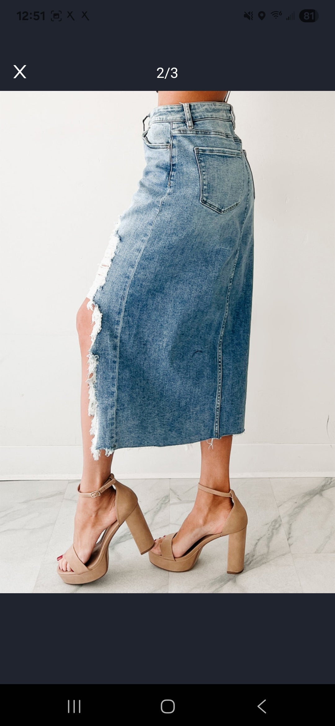 Distressed Bottom Denim Midi Skirt