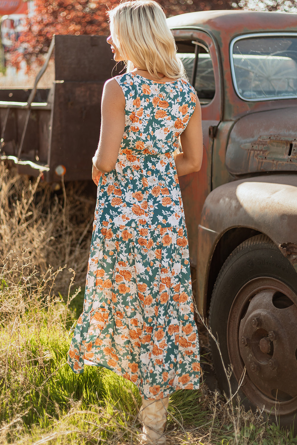 Green Floral Print Trimmed V Neck Tie Waist Sleeveless Long Dress