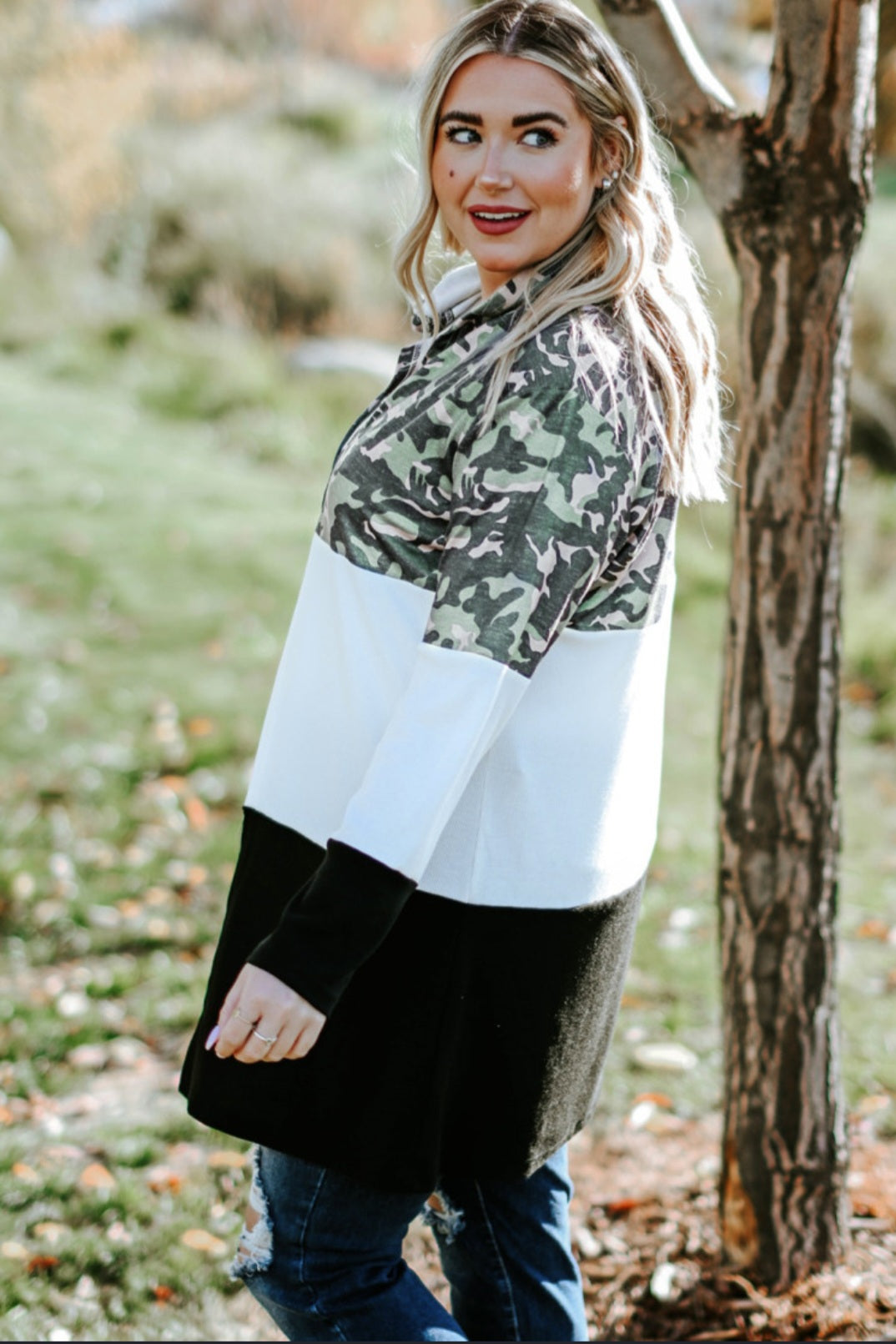 Camouflage and Colorblock Open Cardigan