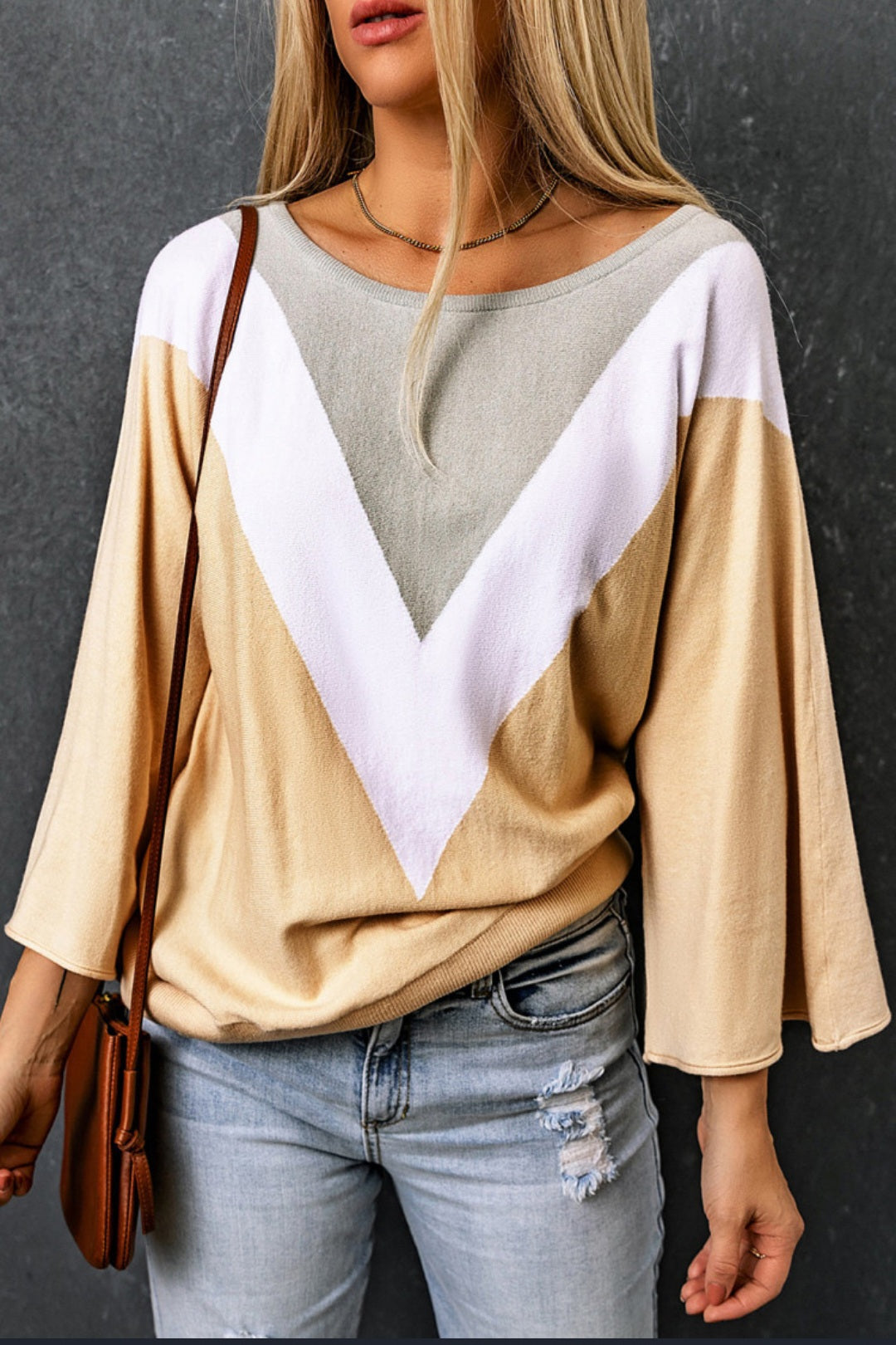 Chic Tan and White V-Pattern Top