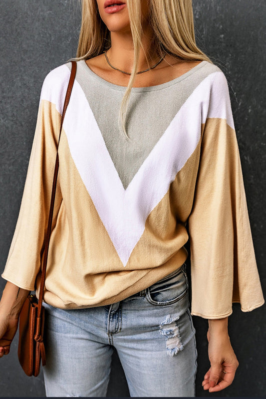 Chic Tan and White V-Pattern Top