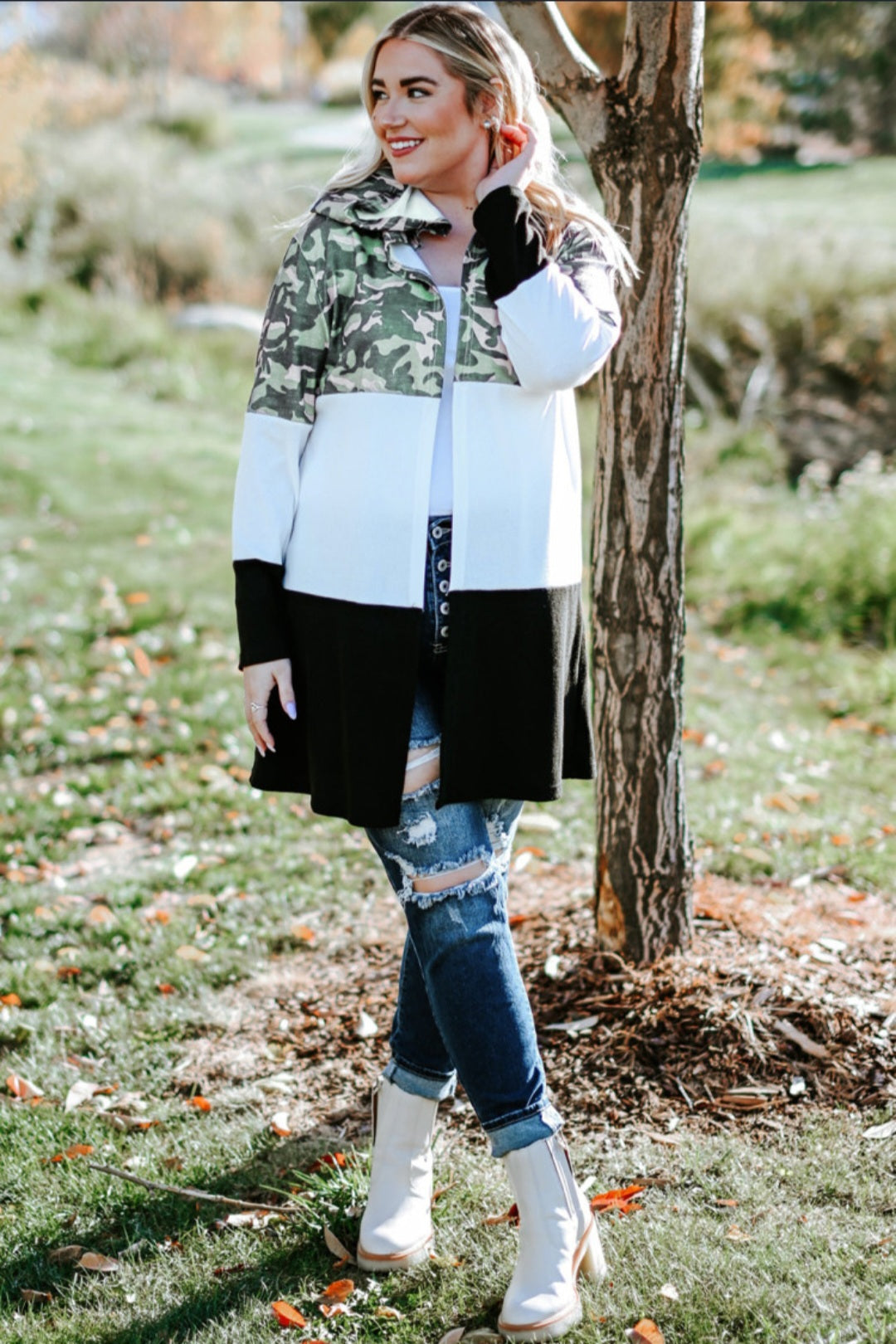 Camouflage and Colorblock Open Cardigan