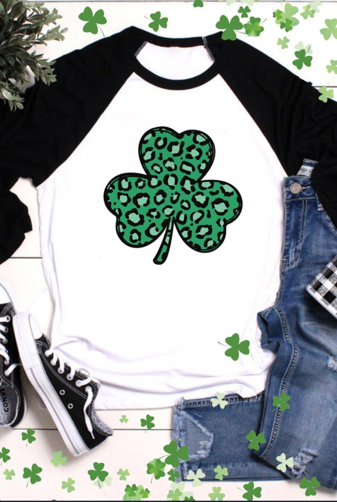 Green Leopard Shamrock Raglan Tee